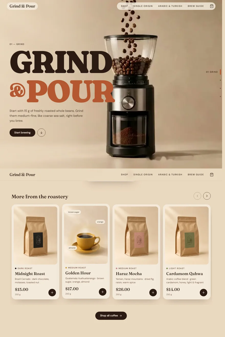 Grind & Pour website — built by Aseel Mahmoud Alqedra